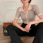 Short-sleeve Striped Button-up Knit Top Stripe - One Size