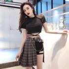 Short-sleeve T-shirt / Shorts / Plaid Mini A-line Skirt / Belt
