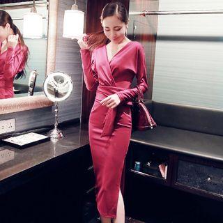 Long-sleeve V-neck Sheath Midi Dress