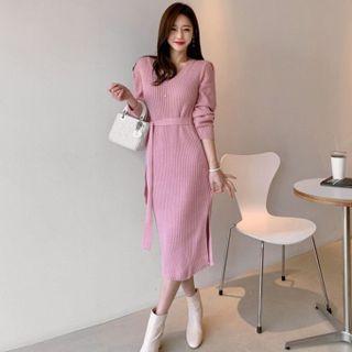 Long-sleeve Side-slit Knit Midi Sheath Dress