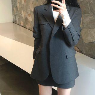 Plain Single-breasted Blazer / High-waist Mini A-line Skirt
