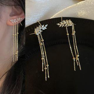 Rhinestone Leaf Drop Earring 1794a - 1 Pair - Silver - One Size