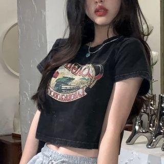 Short-sleeve Print T-shirt Washed Black - One Size