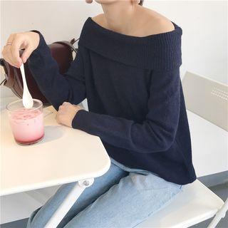 Plain Off-shoulder Long-sleeve Knit Top