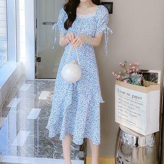 Short-sleeve Floral Ruffle Midi A-line Dress