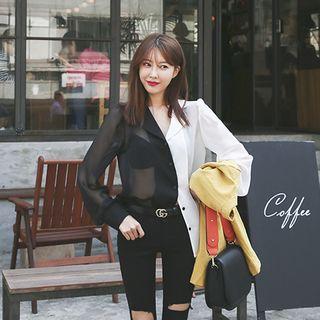 Asymmetric Two-tone Sheer Blouse