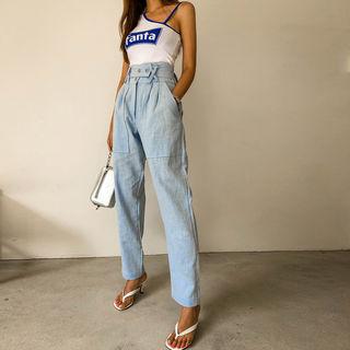 Pocket-detail Linen Pants With Belt