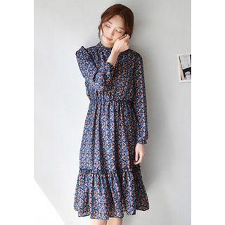 Gathered-waist Ruffle-hem Floral Shirtdress