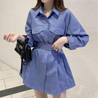Long-sleeve Plain Lapel Pocket Shirtdress With Sash