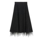 Mesh Trim Midi A-line Knit Skirt