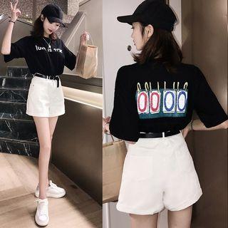 Set: Letter Print Short Sleeve T-shirt + A-line Shorts