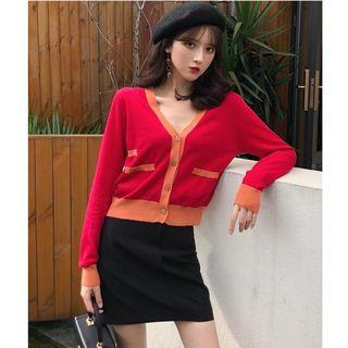 Contrast Trim Cardigan / Mini A-line Skirt