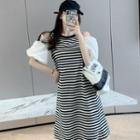 Puff-sleeve Cold Shoulder Striped A-line Dress