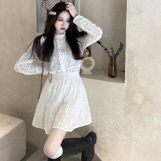 Long-sleeve Dotted Blouse / A-line Skirt