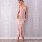 Spaghetti Strap Open Back Lace Pleated Fishtail Maxi Dress
