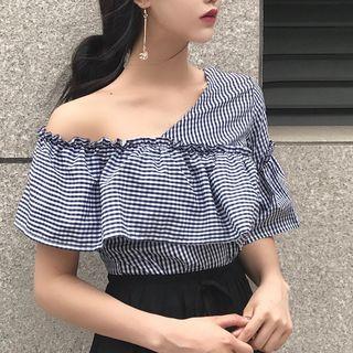 Frilled Asymmetric Gingham Blouse