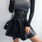 Lace-up High-waist Faux Leather Mini A-line Skirt