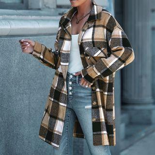 Long-sleeve Plaid Pocketed Shirt Jacket