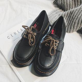 Faux Leather Chunky Heel Lace Up Velcro Shoes