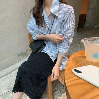 Striped Long-sleeve Shirt / Lace Midi Straight-fit Skirt