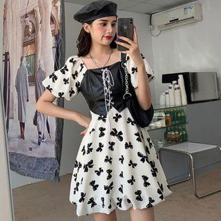 Puff-sleeve Bow Print Lace-up A-line Dress