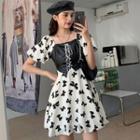 Puff-sleeve Bow Print Lace-up A-line Dress
