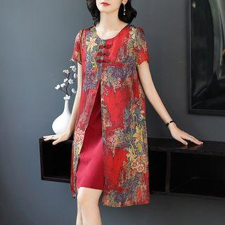 Flower Print Short-sleeve Slit-front Dress