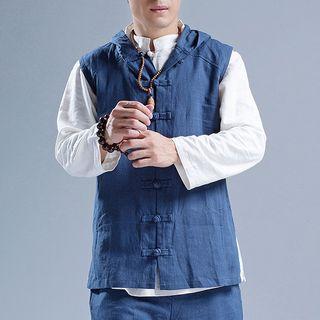 Hooded Frog-button Linen Vest