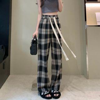 Plaid Drawstring Wide-leg Pants Plaid - Gray - One Size