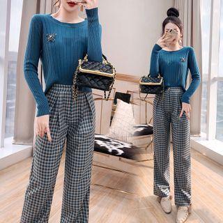 Set: Knit Top + Plaid Wide Leg Pants