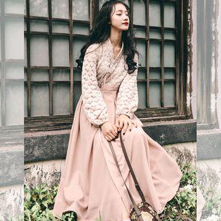 Puff-sleeve Lace Panel Maxi A-line Dress