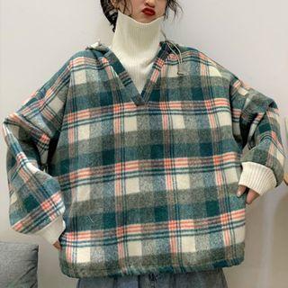 Mock Two Piece Mock-neck Long-sleeve Plaid Hoodie