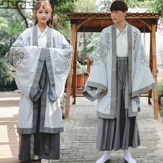 Embroidered Long-sleeve Open-front Jacket / Long-sleeve Wrap Top / Midi A-line Skirt / Set