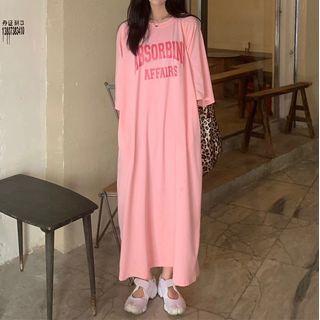 Elbow-sleeve Lettering T-shirt Dress Pink - One Size