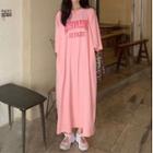Elbow-sleeve Lettering T-shirt Dress Pink - One Size