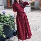 Short-sleeve Midi Shirt Dress With Sash