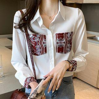 Long-sleeve Print Panel Chiffon Shirt