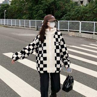 Contrast Trim Checkered Zip-up Furry Jacket