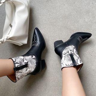 Pointed Snake Print Panel Block Heel Short Boots
