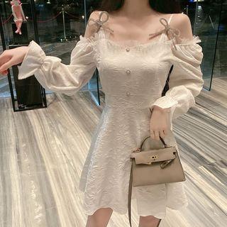 Cold-shoulder Rhinestone Bow A-line Dress