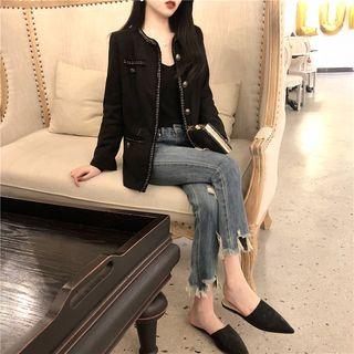 Contrast-trim Buttoned Tweed Jacket / Fray-hem Straight Cut Jeans