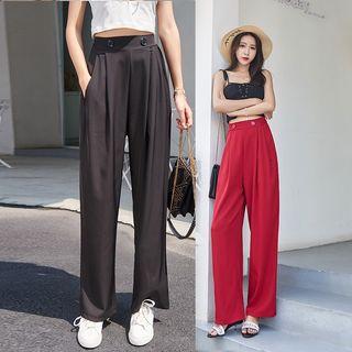 Plain High-waist Straight-cut Pants