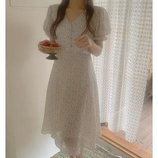Short-sleeve V-neck Floral Printed Chiffon Dress