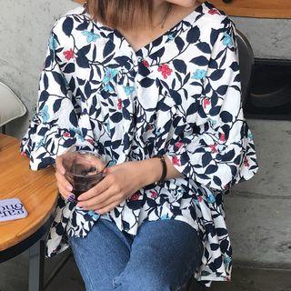 Floral Print Elbow-sleeve V-neck Blouse