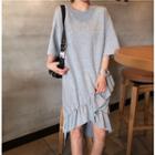 Elbow-sleeve Embroidered Ruffle Hem T-shirt Dress