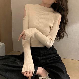 Semi High-neck Off-shoulder Long-sleeve Knit Top
