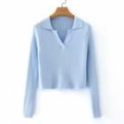 Collared Rib Knit Top Blue - One Size