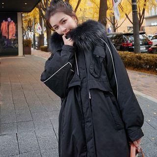 Lettering Furry Trim Hooded Zip Coat