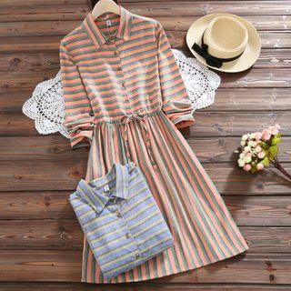Striped Half-placket Long-sleeve Shirtdress