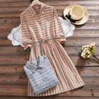 Striped Half-placket Long-sleeve Shirtdress